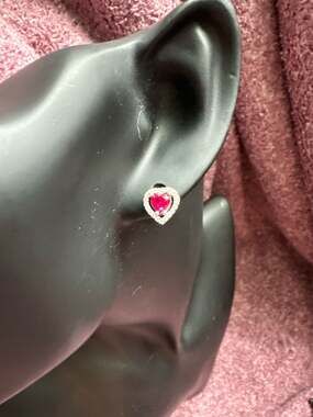 Sterling Silver 925 Lab-Created Ruby and CZ Heart Halo Stud Earrings